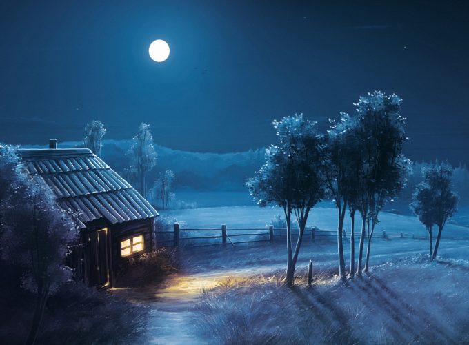 Art Moon Blue Night Trees Hause 4K Wallpaper